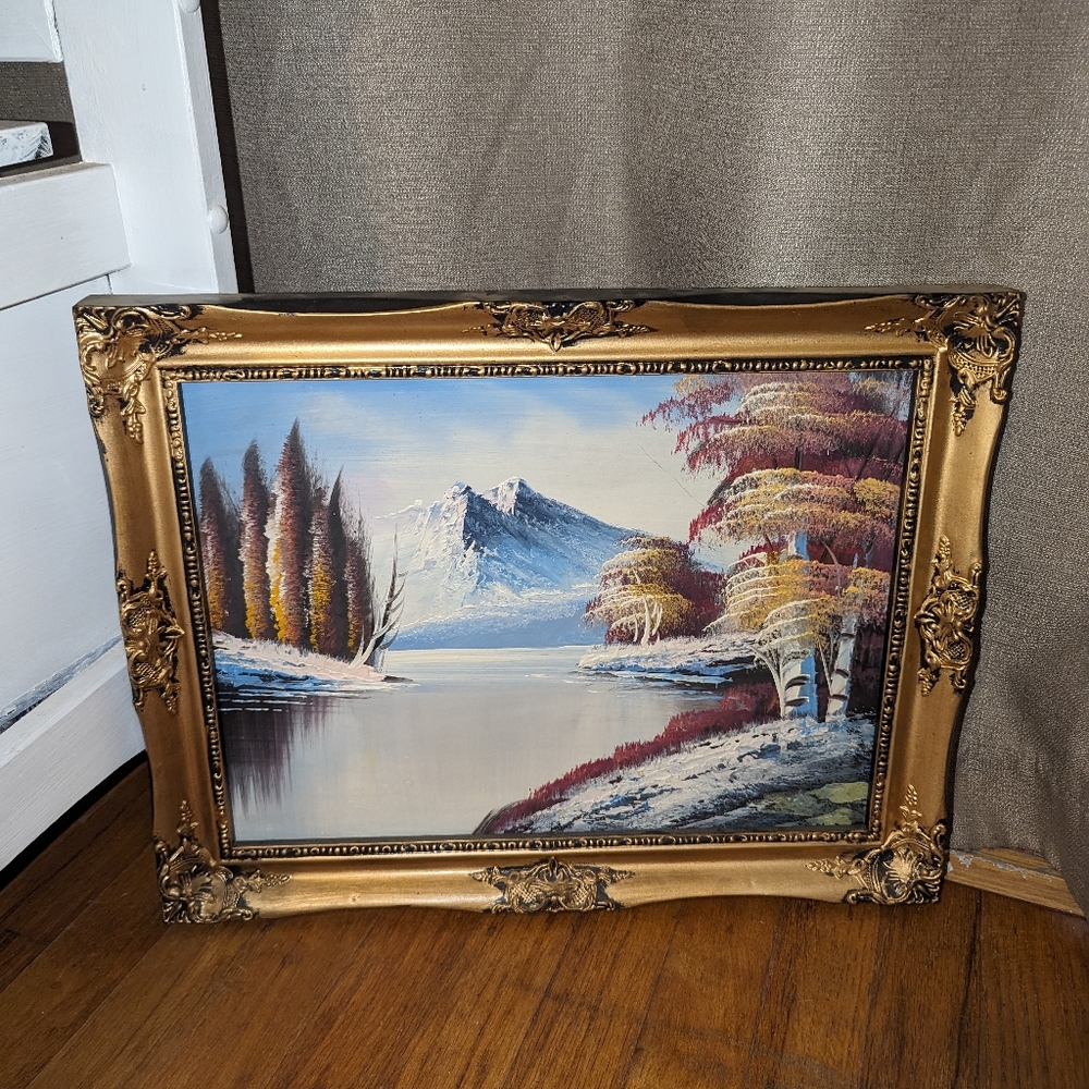 Vintage rare unique, beautiful, handmade hand painted by the river with a mounta